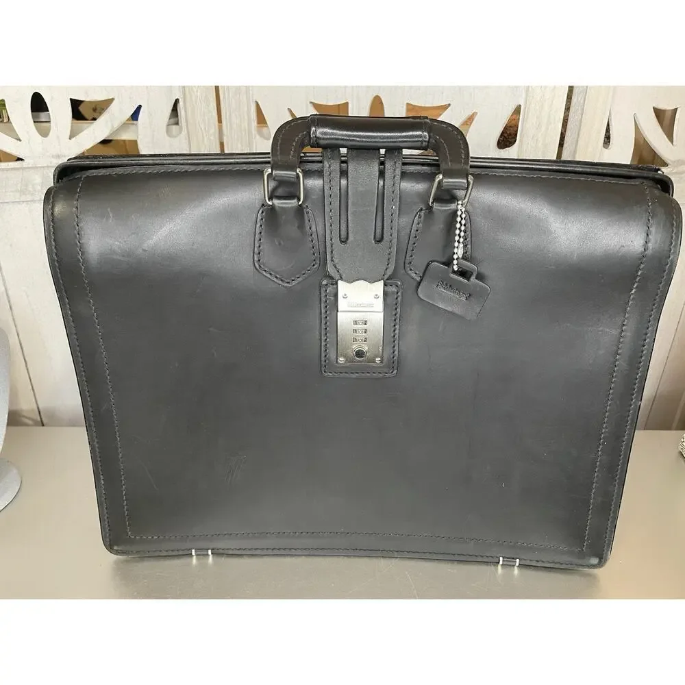 Schlesinger Black Smooth Leather Lawyer Briefcase Buckle & Combination Lock